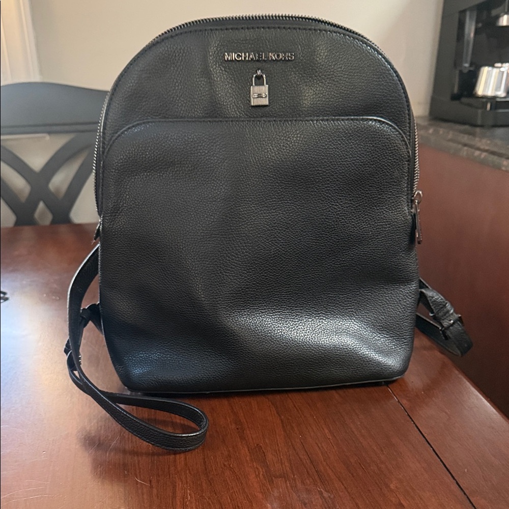 Michael Kors Black Leather Backpack with Silver Accents
